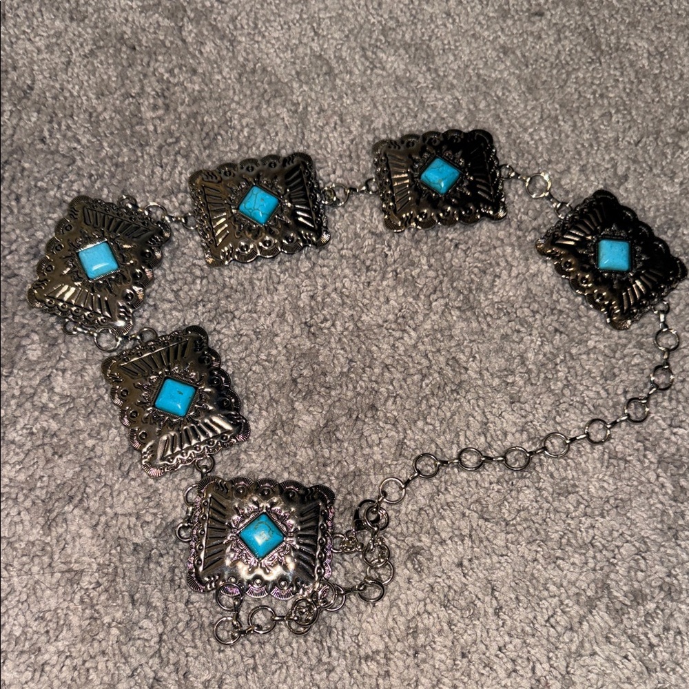Turquoise Silver-Tone Linked Statement Belt